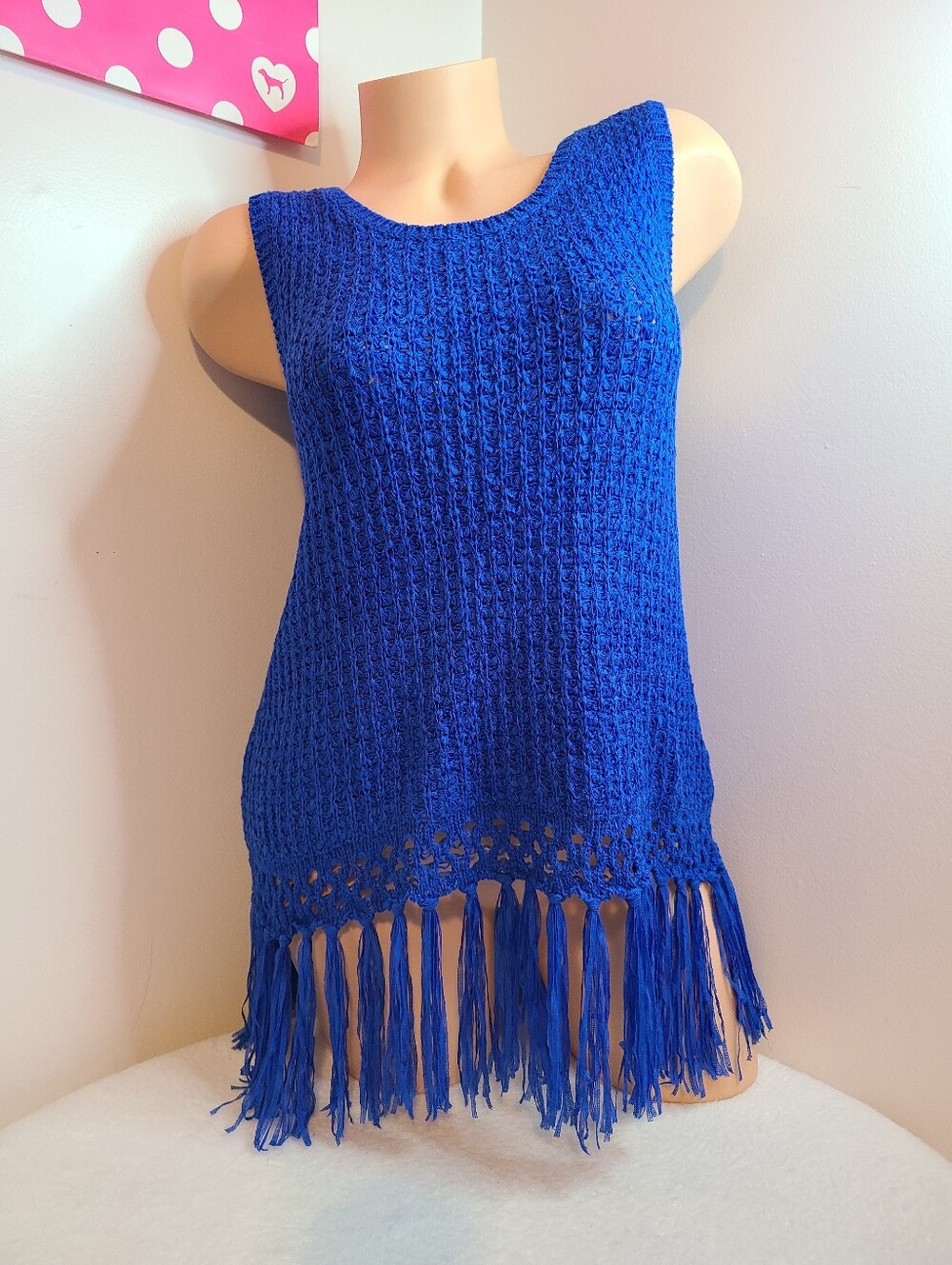 VTG August Silk Sleeveless Crochet Knit Fringe Top Size M Sky Diver Blue